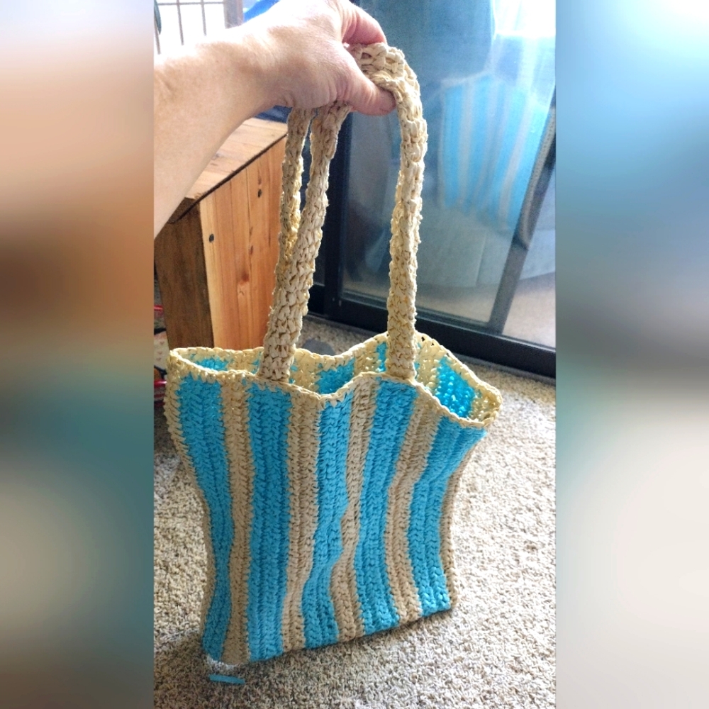 3/ $25 Woven Striped Blue and Tan Tote Bag